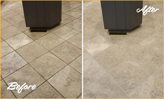 Before and After Picture of a Ocean Kitchen Floor Grout Sealed to Remove Stains