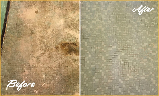 Before and After Picture of a Hazlet Mosaic Shower Cleaned to Eliminate Embedded Dirt