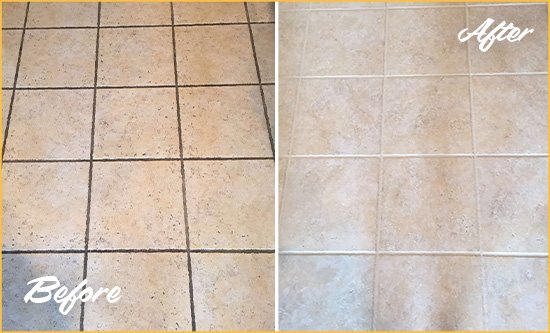 Before and After Picture of a Brick Ceramic Floor Cleaned to Remove Soil