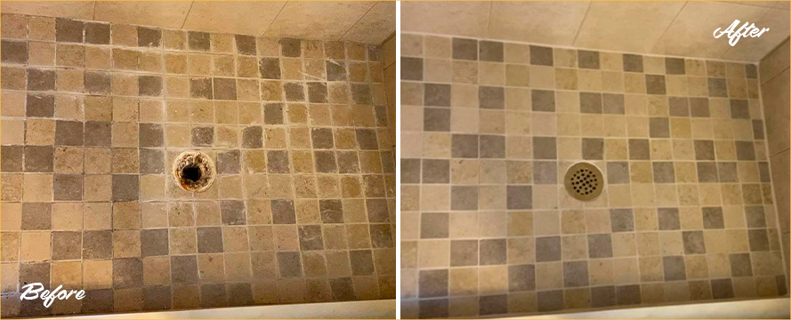 Shower Before and After a Professional Grout Cleaning in Ocean, NJ