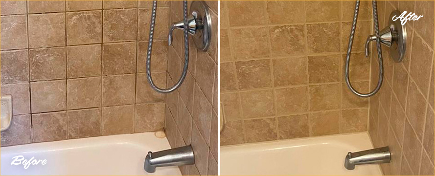 Porcelain Tubshower Before and After Our Grout Sealing in Point Pleasant Beach, NJ
