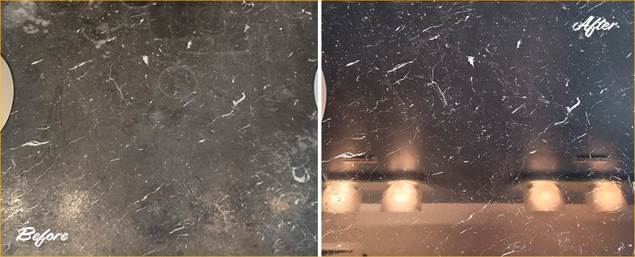 Close-up of Black Marble Vanity Before and After a Stone Cleaning in Toms River