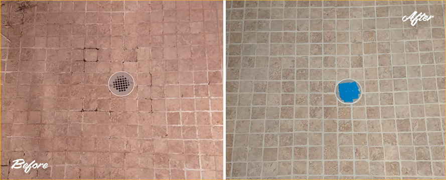 Shower Floor Before and After Our Caulking Services in Manalapan, NJ