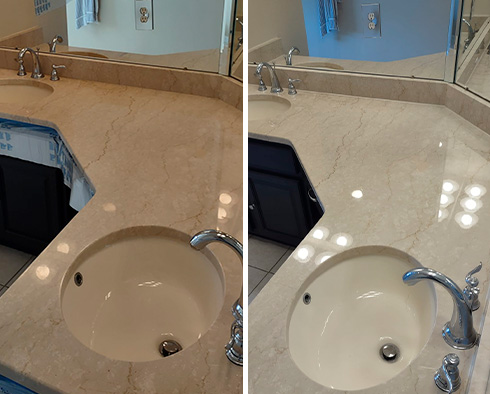 Travertine Vanity Before and After a Stone Polishing in Marlboro