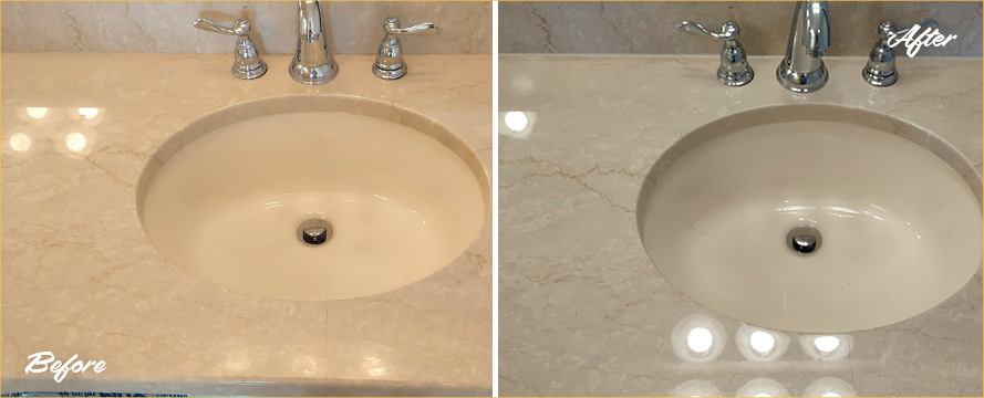 Close-up of Sink Before and After a Stone Polishing in Marlboro