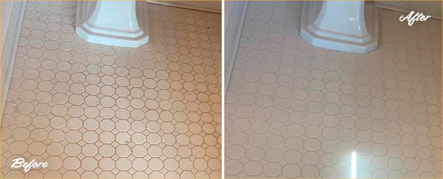 Bathroom Floor Before and After a Grout Sealing in Cream Ridge