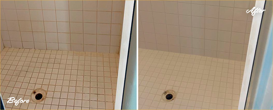 Shower Before and After a Remarkable Grout Cleaning in Manasquan, NJ