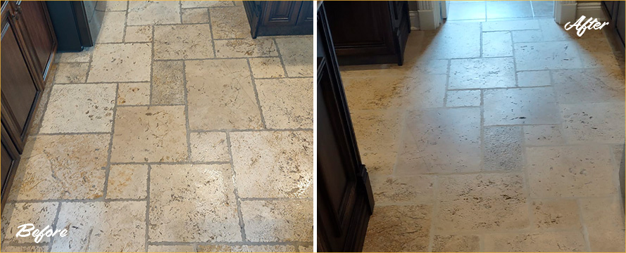 Travertine Floor Before and After a Superb Stone Cleaning in Cherry Hill, NJ