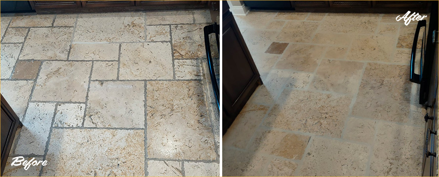 Travertine Floor Before and After a Remarkable Stone Cleaning in Cherry Hill, NJ