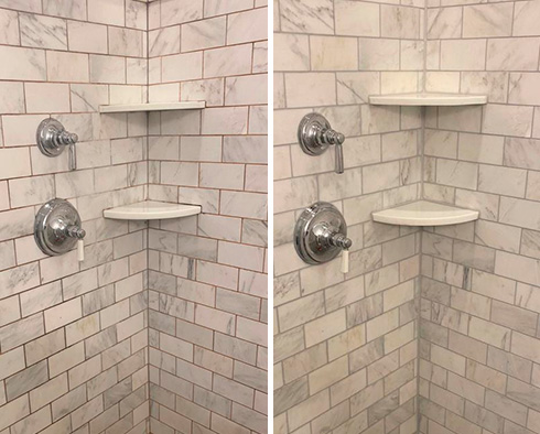 Marble Shower Before and After a Grout Sealing in Perth Amboy