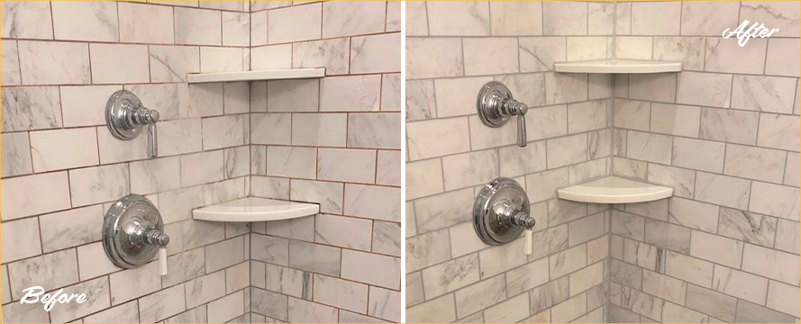 Marble Shower Before and After a Grout Sealing in Perth Amboy