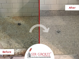 Before and After Picture of a Grout and Stone Cleaning Service in New Jersey