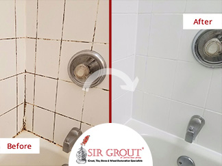 Before and After Picture of a Bathroom Grout Cleaning Service in Toms River, New Jersey