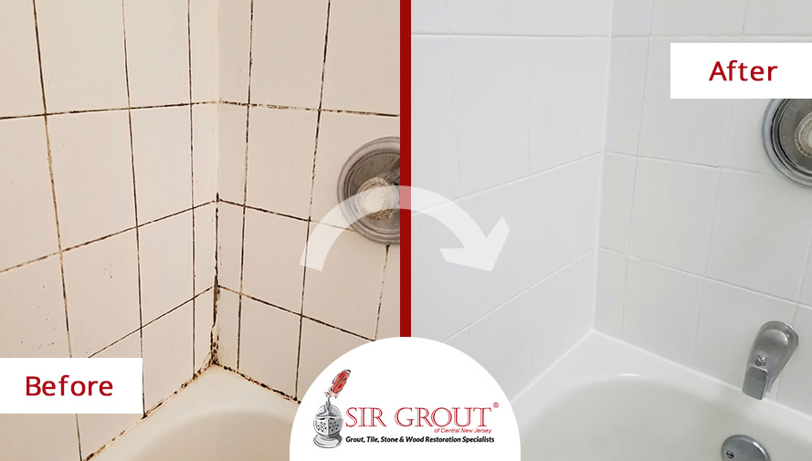 Before and After Picture of a Bathroom Grout Cleaning Service in Toms River, New Jersey