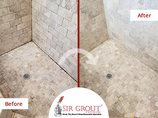 Before and After Picture of a Porcelain Tile Shower Grout Cleaning Service in Riverton, New Jersey