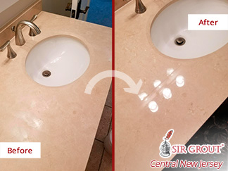 Before and After Picture of a Travertine Vanity Top Stone Polishing Service in Moorestown, New Jersey