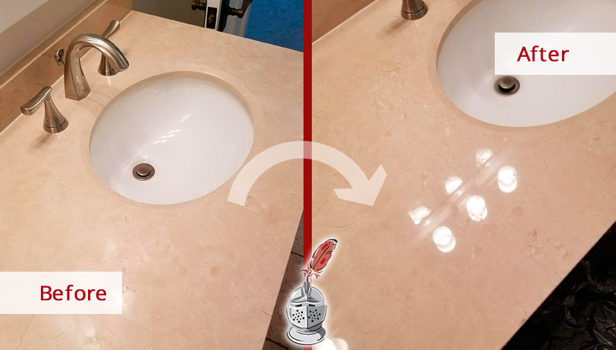 Before and After Picture of a Travertine Vanity Top Stone Polishing Service in Moorestown, New Jersey
