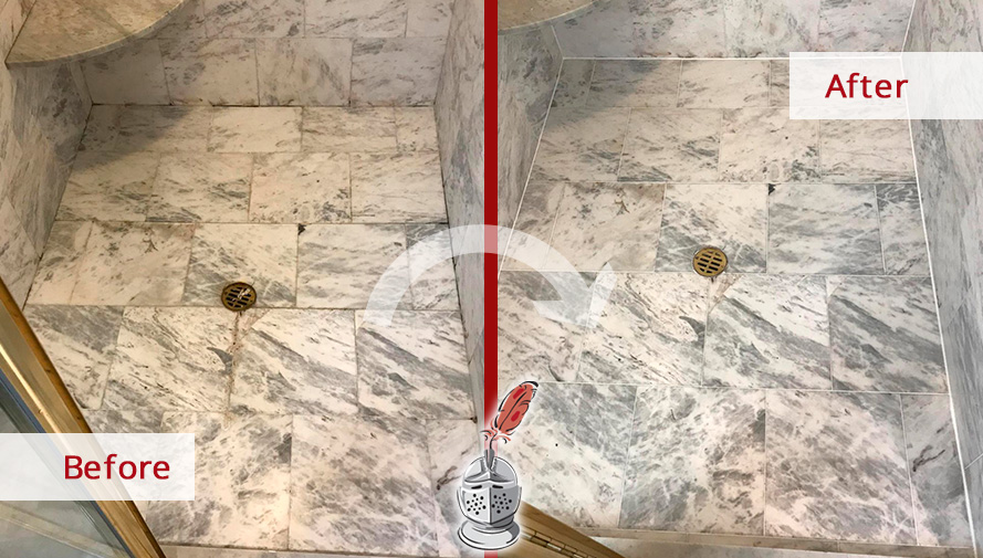Before and After Picture of a Marble Shower Floor Grout Sealing Service in Ocean Township, New Jersey