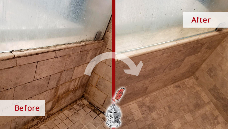 Before and After Picture of a Travertine Shower Wall After a Stone Cleaning Service in Riverton, NJ