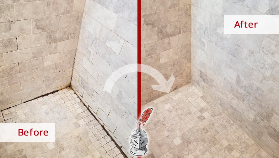 Before and After Picture of a Travertine Shower After a Stone Cleaning Service in Riverton, NJ