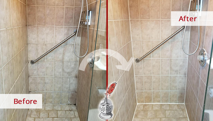 Before and after Picture of This Ceramic Shower after a Tile and Grout Cleaning Job in Toms River, NJ