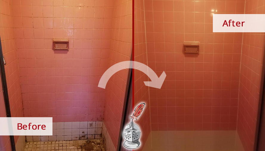 Shower Before and After Our Hard Surface Restoration in Moorestown, NJ