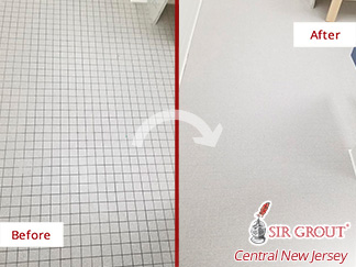 Picture of a Locker Room Floor Before and After a Grout Cleaning in Middletown, NJ