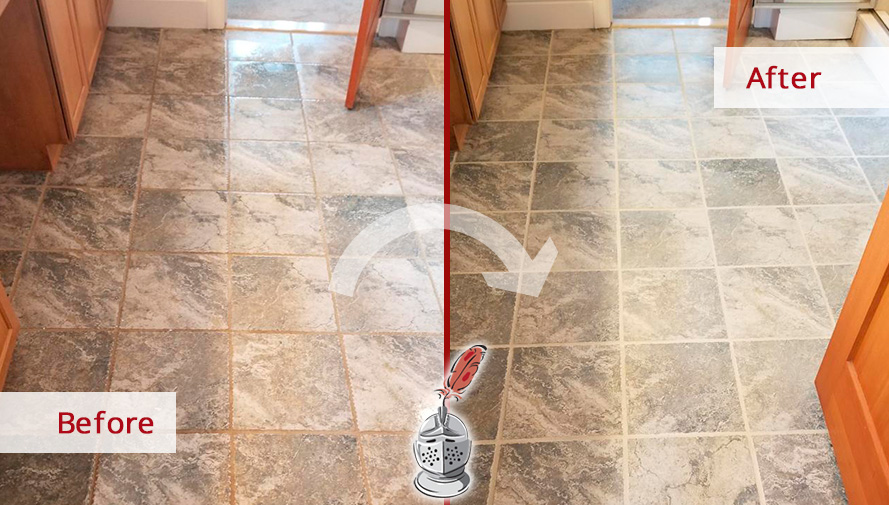 Picture of a Bathroom Floor Before and After a Grout Cleaning in Red Bank, NJ