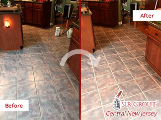 Image of a Kitchen Floor Before and After a Grout Sealing in Cliffwood, NJ