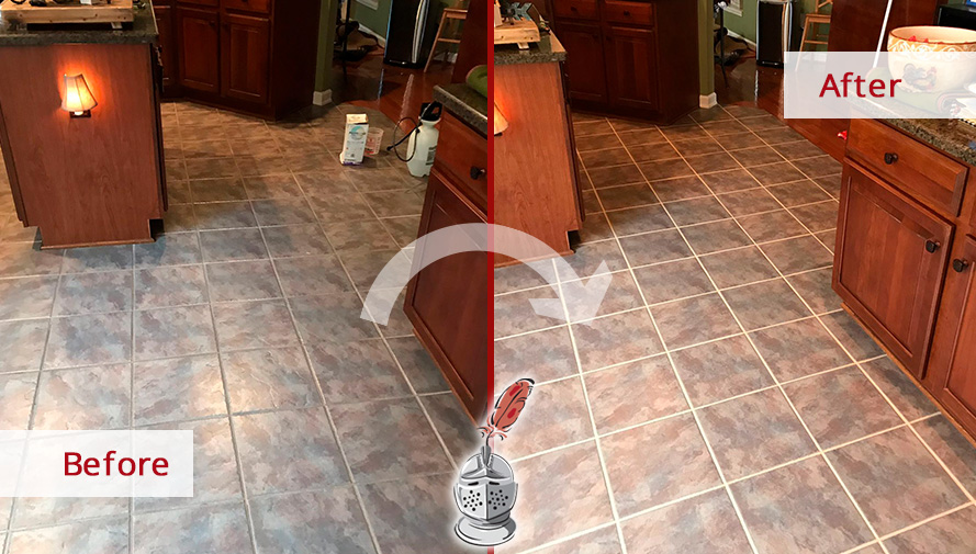 Image of a Kitchen Floor Before and After a Professional Grout Sealing in Cliffwood, NJ