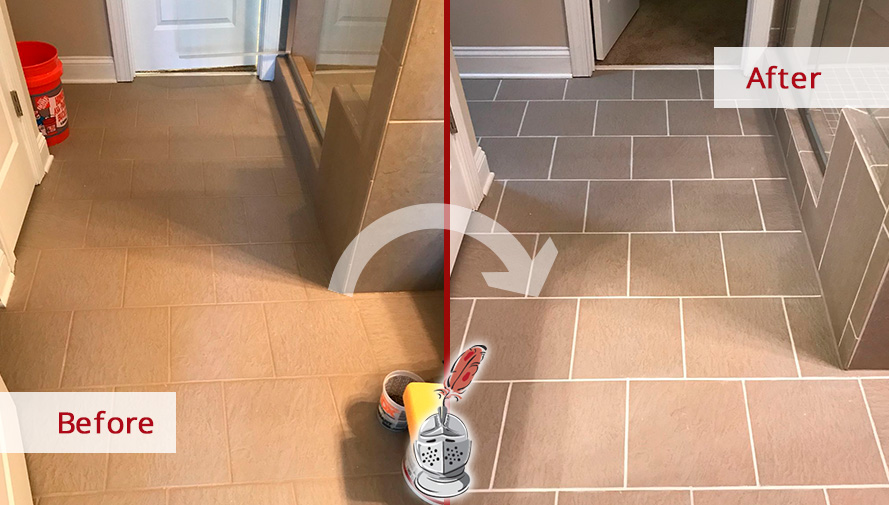 Ceramic Tile Floor Before and After a Grout Sealing Service in Roosevelt