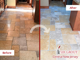 Picture of a Kitchen Floor Before and After a Stone Honing in Bayville