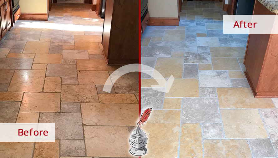 Picture of a Kitchen Floor Before and After a Breathtaking Stone Honing in Bayville