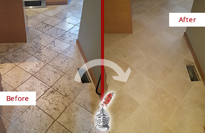 Before and After Picture of a Dull Marble Floor Cleaned and Color Enhanced