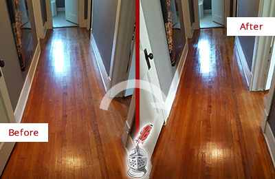 Sir Grout Refinished This Atlantic City Wood Floor with a Sand Free Refinishing Service to Eliminate Scratches Before and After Picture of a Atlantic City Wood Sand Free Refinishing Service on a Floor to Eliminate Scratches