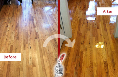 Sir Grout Refinished This Worn Out Atlantic City Hallway Floor with a Sand Free Refinishing Service Before and After Picture of a Atlantic City Wood Sand Free Refinishing Service on a Worn Out Hallway