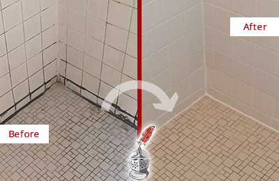 Before and After Picture of Grout Recaulking on a Shower with Mold and Mildew