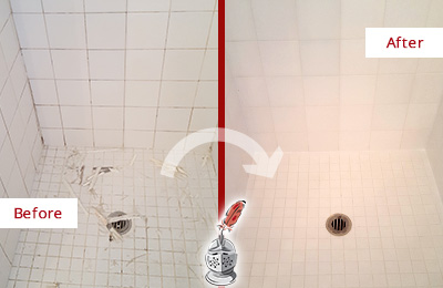 Before and After Picture of a Shower Floor Regrouted