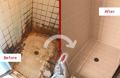 Before and After Picture of a Shower Grout Restoration Service