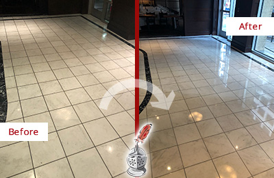 Sir Grout Central New Jersey Stone Services Help Maintain, Clean, and Polish Building Lobbies and Commercial Offices Stone Surfaces Picture of a Building Marble Entrance Floor Before and After Stone Restoration, Cleaning and Polishing