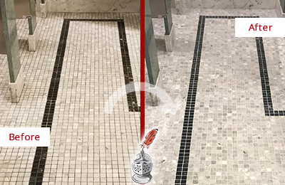 Sir Grout Central New Jersey Stone Cleaning Services Can Help Repair the Look of this Grimy Hospital's Restroom Before and After Picture of a Hospital Travertine Bathroom Floor Stone Cleaning Service
