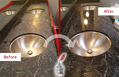 Sir Grout Central New Jersey Stone Services Are Ideal for Enhancing Restrooms Marble Countertops and Keep Them Perfect All Year Round Picture of an Office Restroom's Marble Countertop Before and After Color Enhancement and Restoration