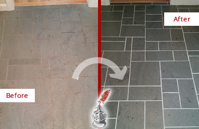 Before and After Picture of Heavily Stained Slate Floor Cleaned and Sealed