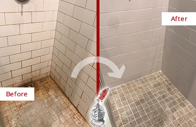 Before and After Picture of a Edison Shower Tile and Grout Cleaned to Eliminate Mold and Stains