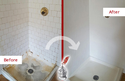 Sir Grout Cleans this Wycoffs Mills Shower Tile and Grout to Remove Soap Scum Before and After Picture of a Wycoffs Mills Shower Tile and Grout Cleaned to Remove Soap Scum