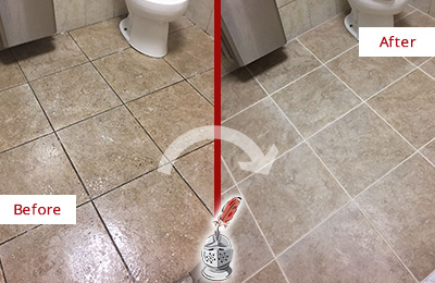 Before and After Picture of a Keyport Restroom Tile and Grout Cleaned to Remove Soil