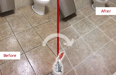 Sir Grout Cleans this Wycoffs Mills Restroom Tile and Grout to Remove Soil Before and After Picture of a Wycoffs Mills Restroom Tile and Grout Cleaned to Remove Soil