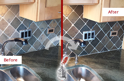 Sir Grout Caulks this Alloway Backsplash Caulked to Fix and Prevent Water Leaks Before and After Picture of a Alloway Backsplash Caulked to Fix and Prevent Water Leaks