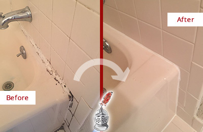 Before and After Picture of a Tennent Bathroom Sink Caulked to Fix a DIY Proyect Gone Wrong