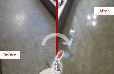 Before and After Picture of a Dull Belford Limestone Countertop Polished to Recover Its Color